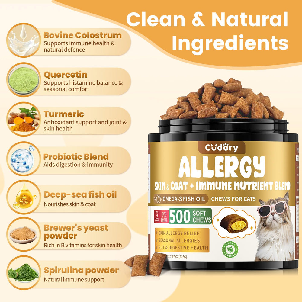 Cudory cat allergy relief treats with real chicken aroma for palatable daily bites.