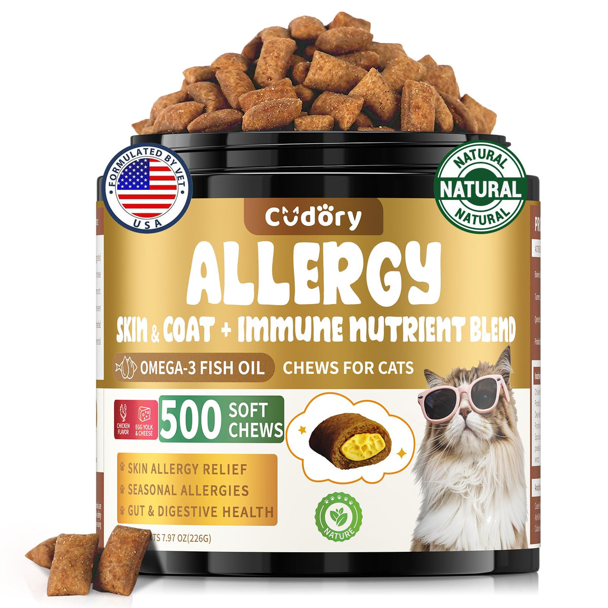 Cudory Cat Allergy Relief Treats packaging showing 500 crunchy snacks for daily support.