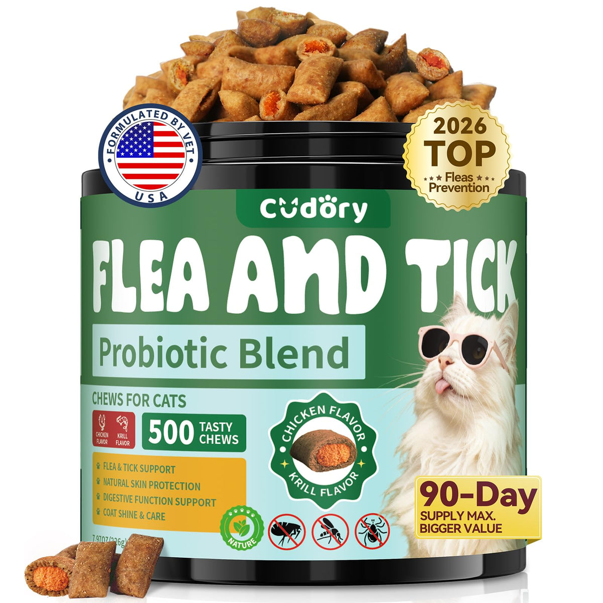 Cudory cat flea chews with crunchy exterior and creamy krill center for daily support.