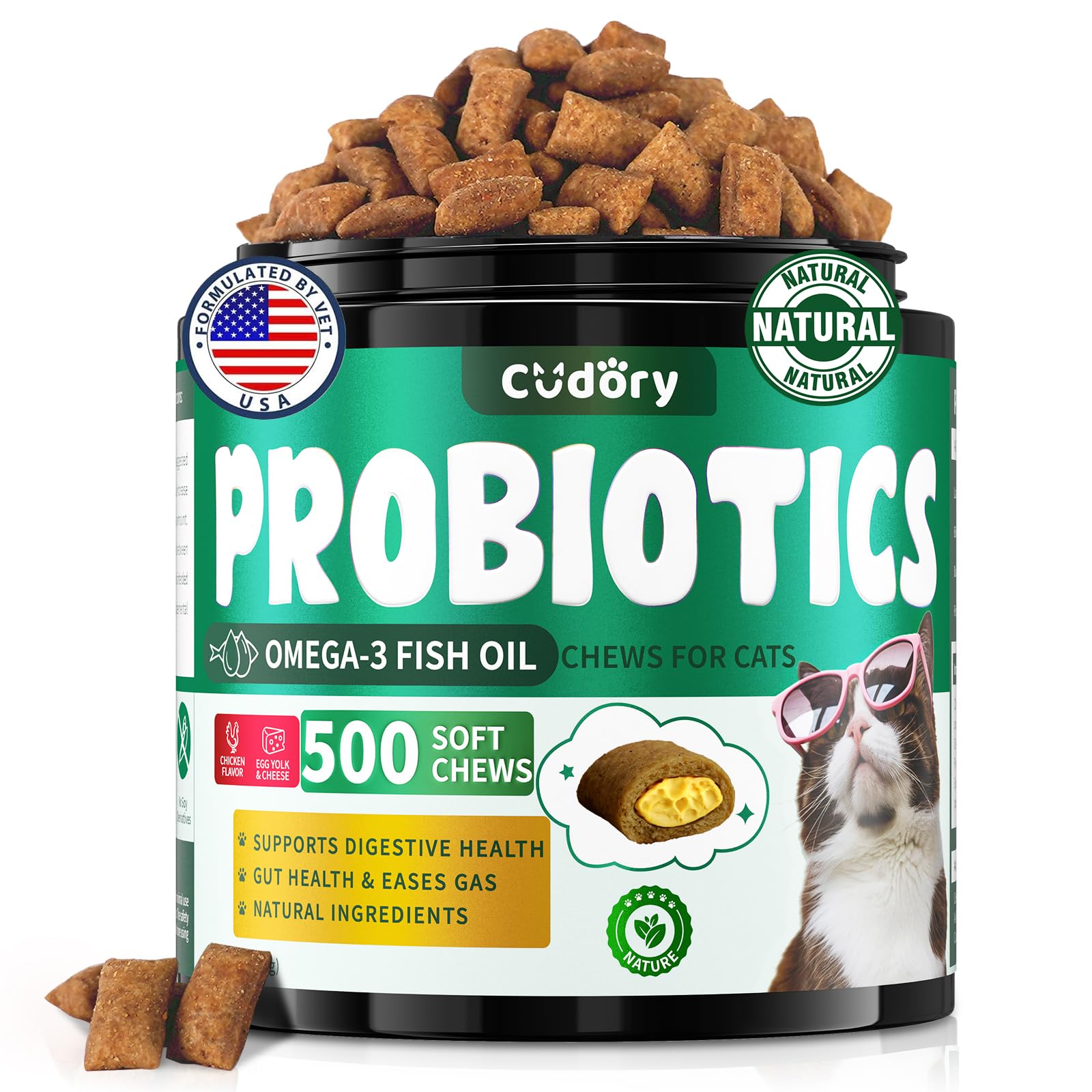 Cudory Cat Probiotics Treats: crunchy exterior, creamy interior, supporting gut balance for cats.