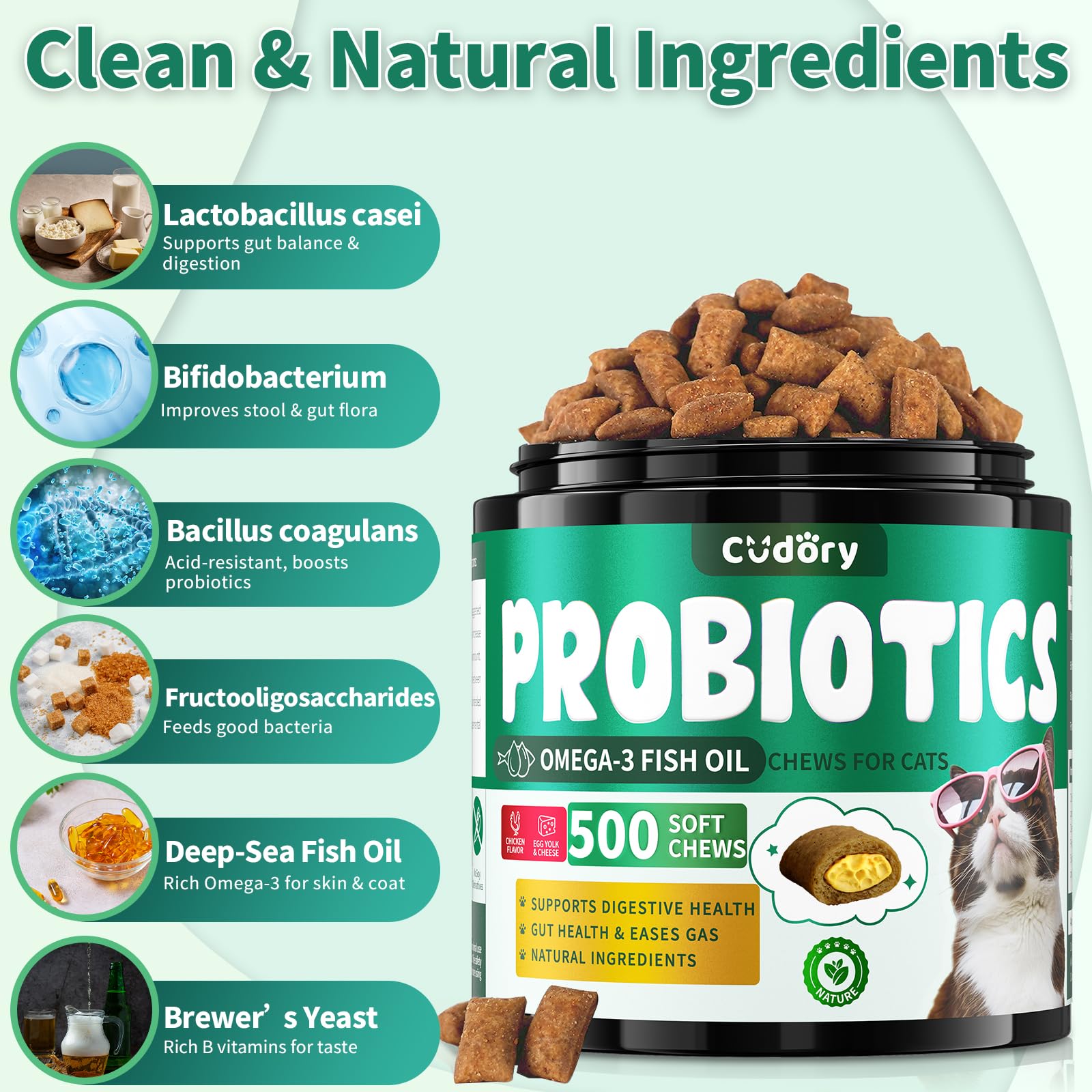 Cudory Cat Probiotics Treats: deep-sea fish oil helps skin hydration and coat shine.