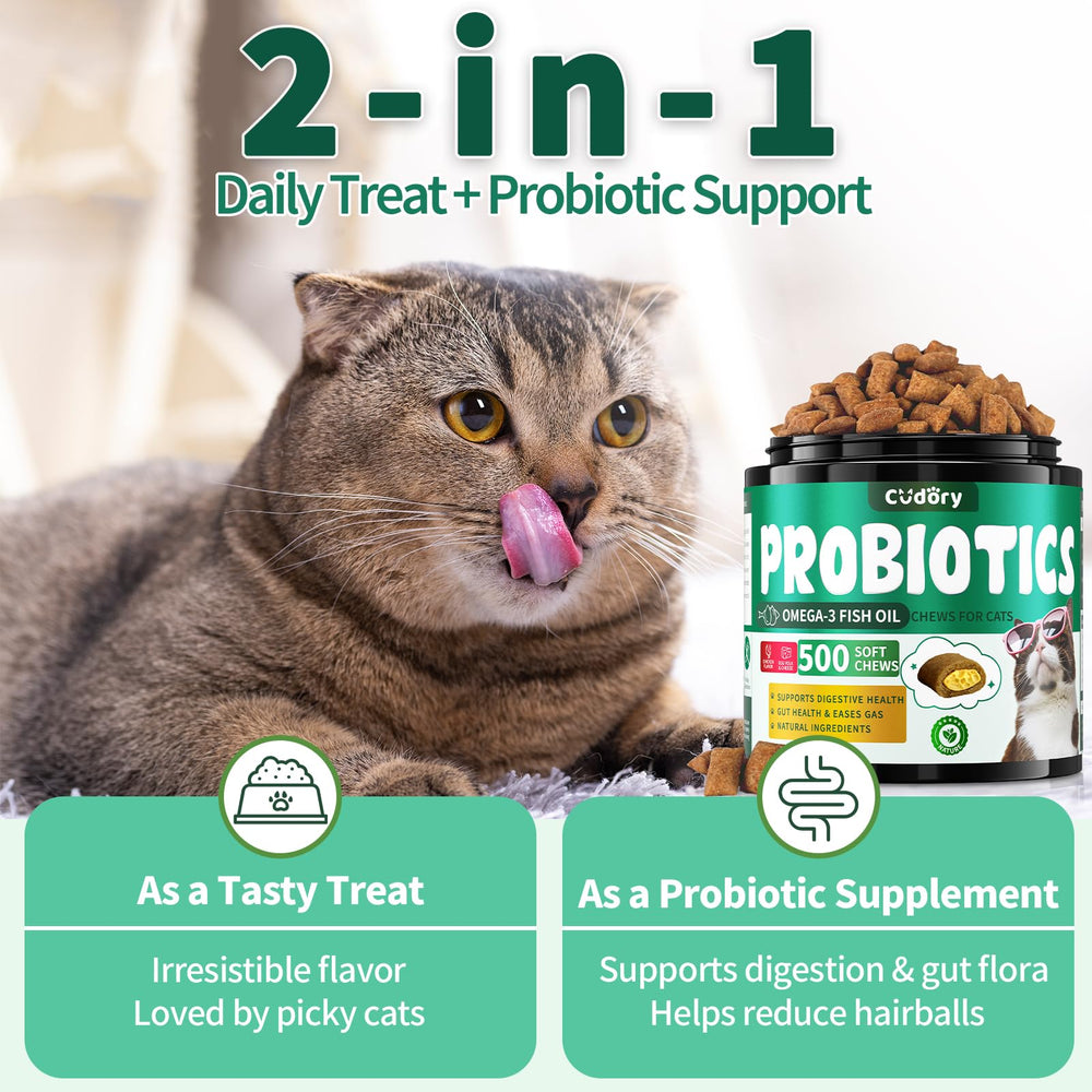 Cudory Cat Probiotics Treats: supports digestive comfort and reduces occasional constipation with probiotics.