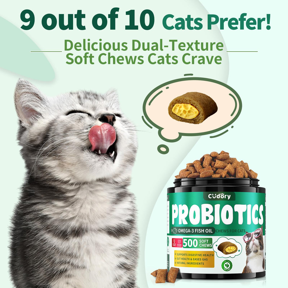 Cudory Cat Probiotics Treats: multi-strain probiotics support healthy digestion in cats.