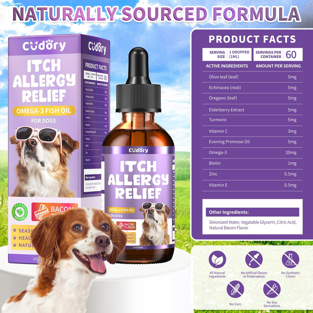 Cudory Dog Allergy Relief Drops used during grooming for itch relief and shine.