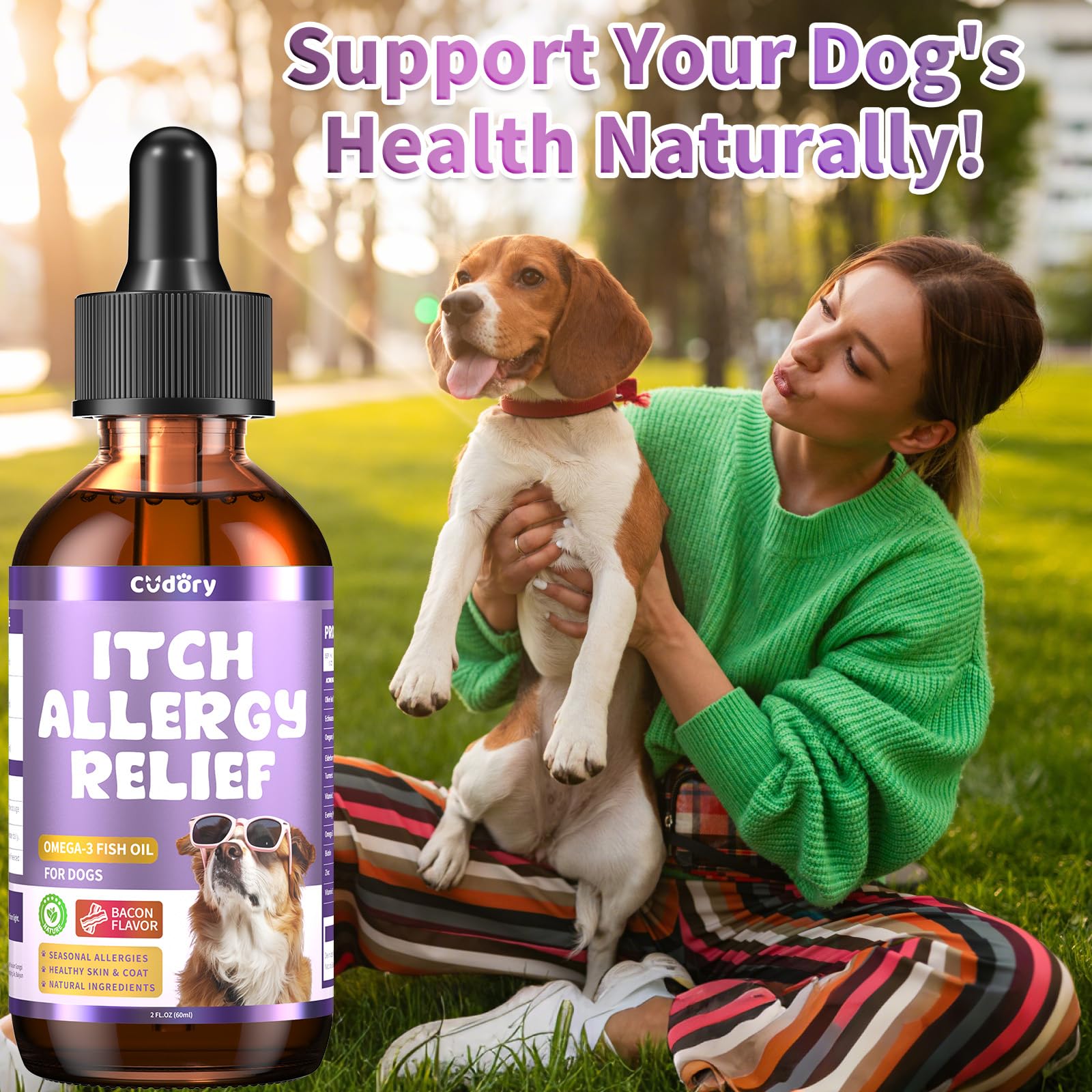 Cudory Dog Allergy Relief Drops beside a bowl ready for daily use.