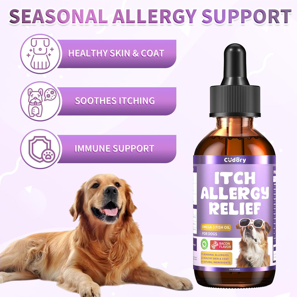 Cudory Dog Allergy Relief Drops added to meals as a natural herbal supplement.