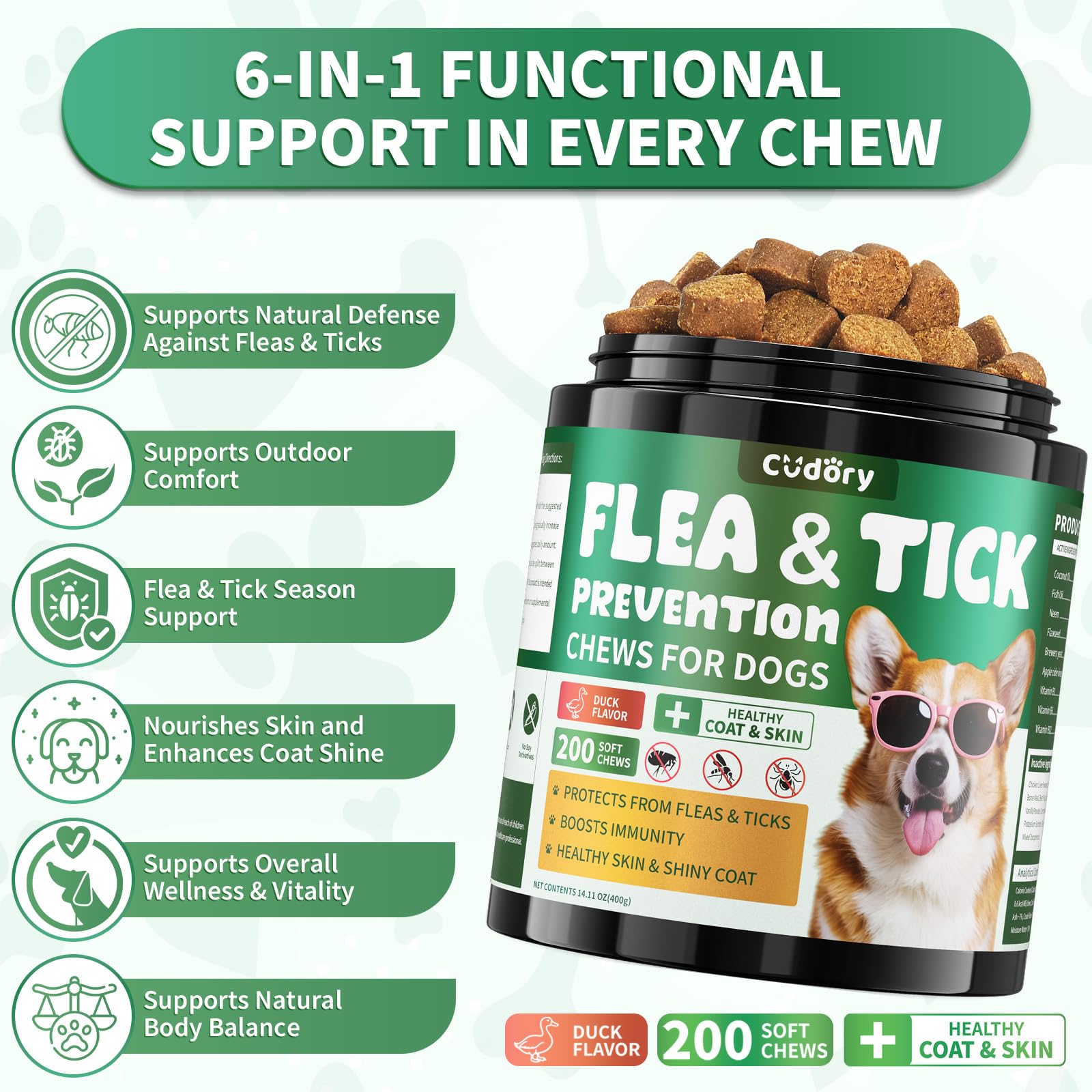 Cudory duck-flavor chew being offered to a dog for palatable daily care.