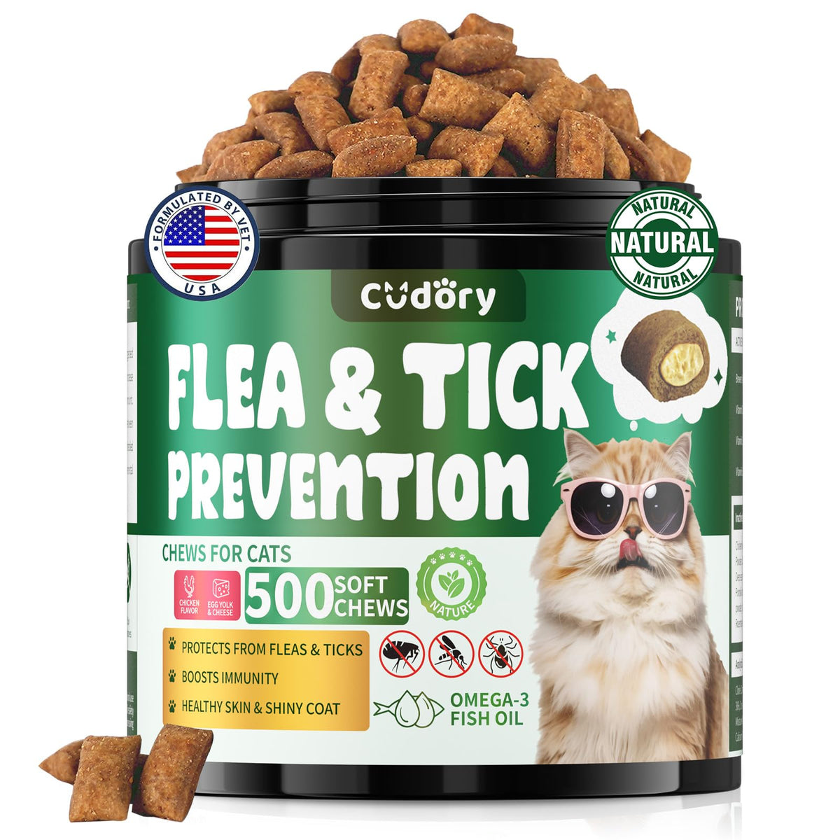 Cudory flea and tick prevention cat chews in packaging for daily protection