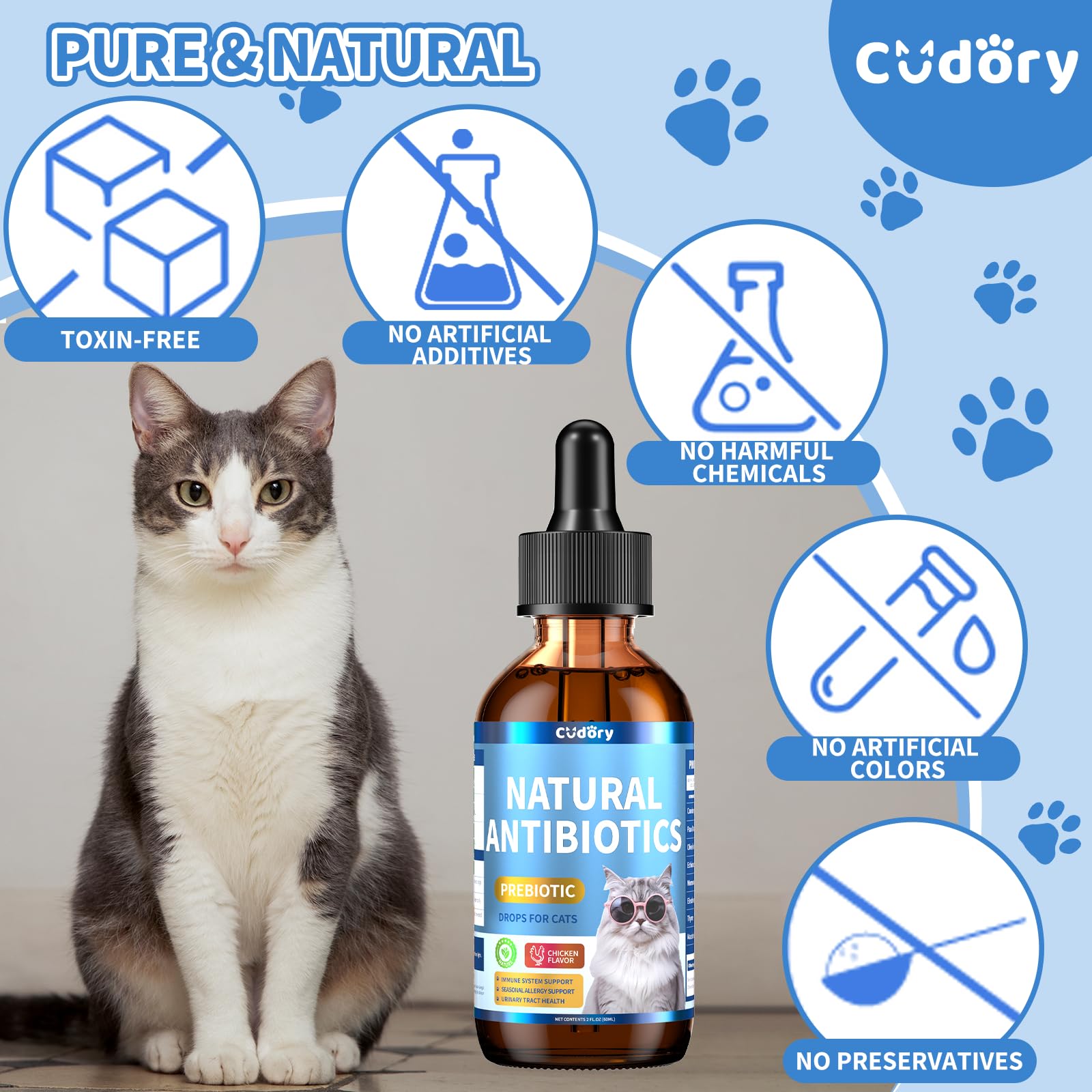 Cudory natural antibiotics ingredients cranberry olive leaf pau d arco close-up.