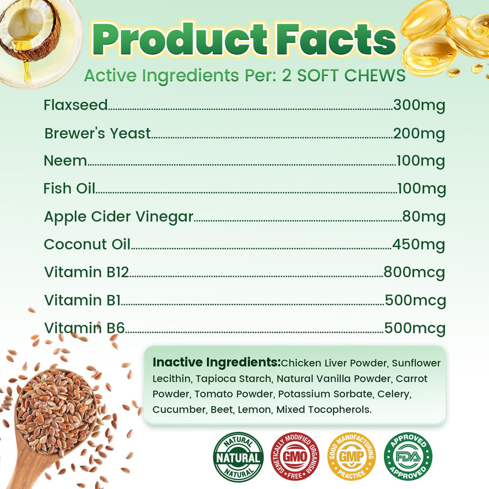 Cudory ingredients highlight coconut oil and fish oil for skin and coat health.