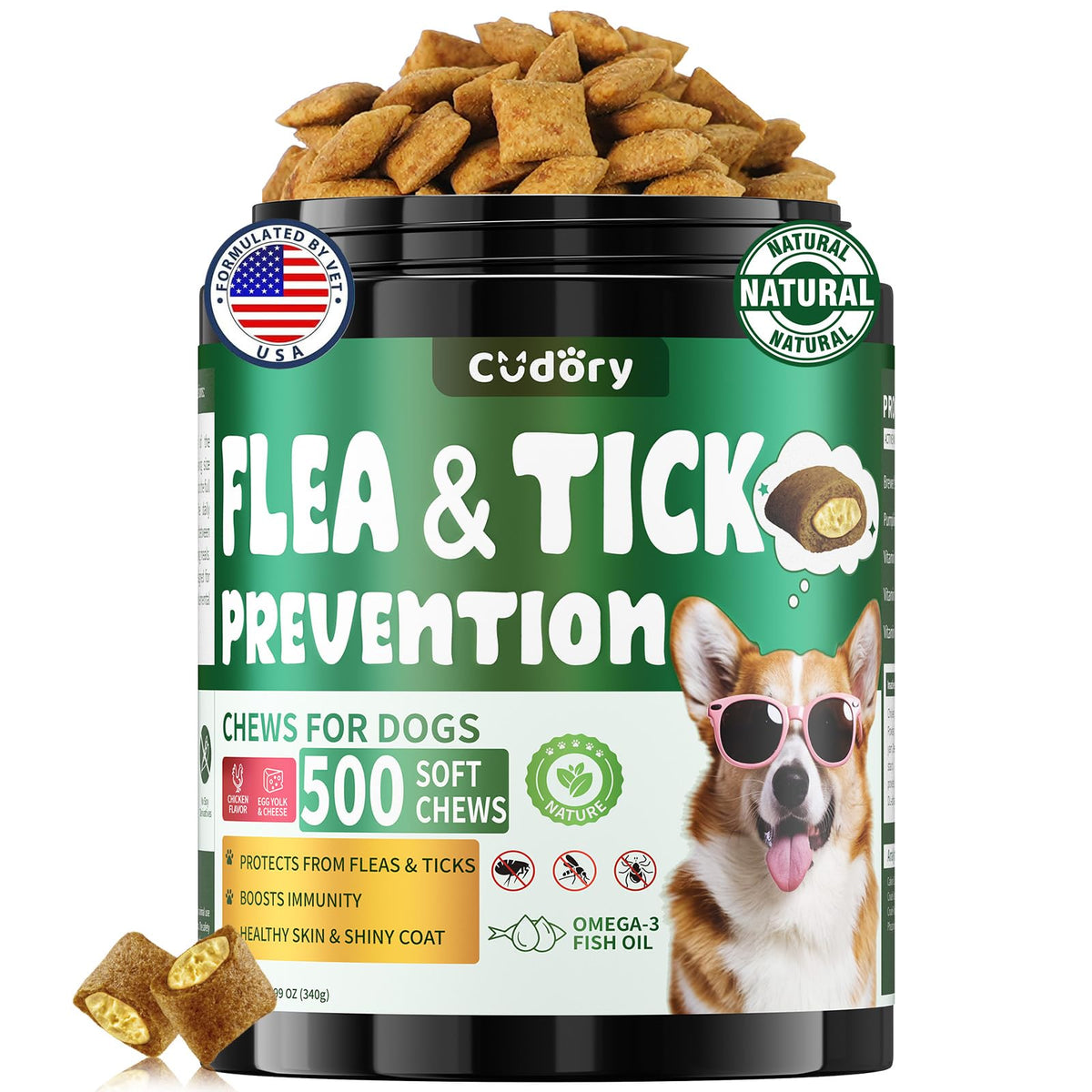 Cudory packaging and label highlighting flea prevention chews for dogs, easy daily use.