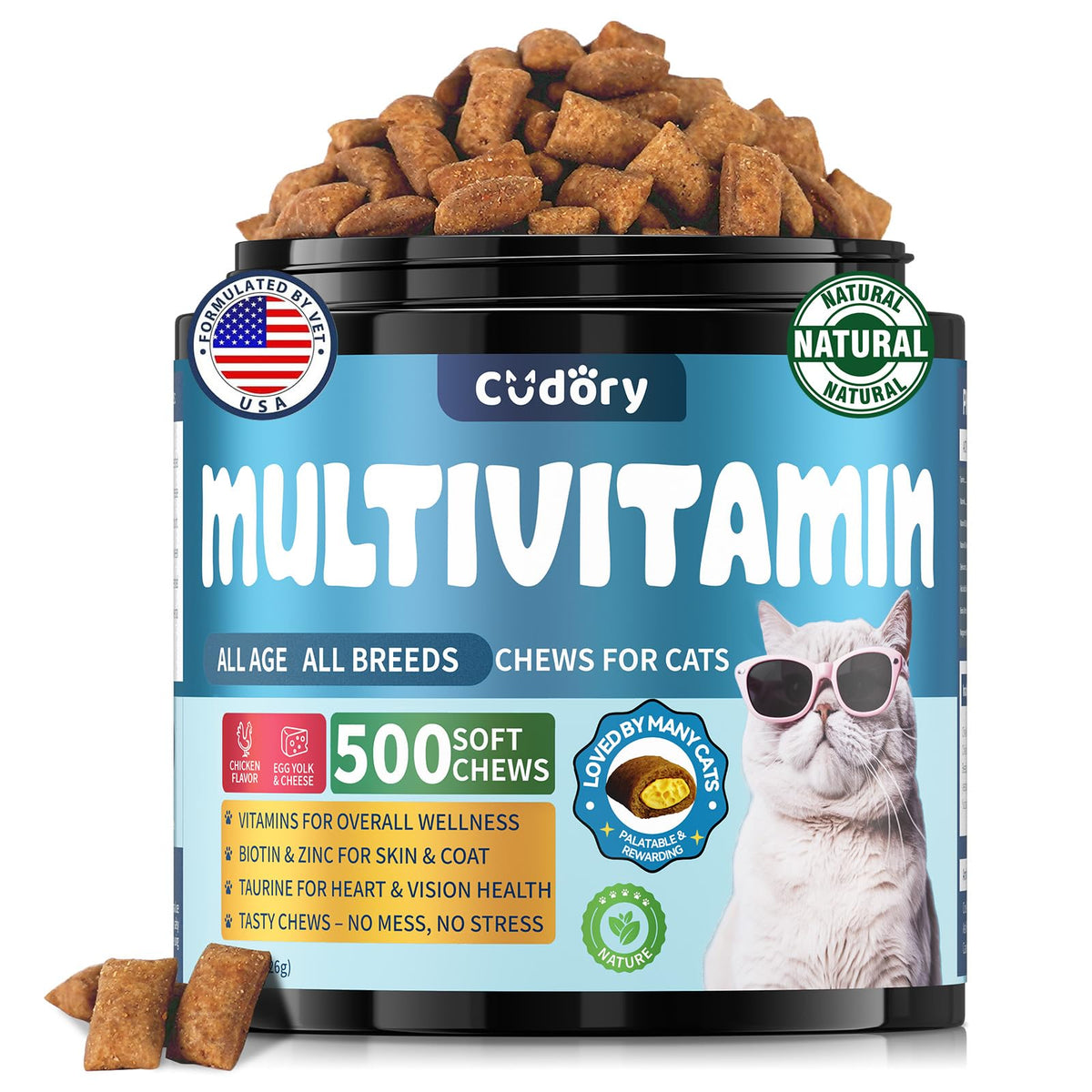 Cudory Taurine for Cats bottle with soft chews, convenient daily supplement.