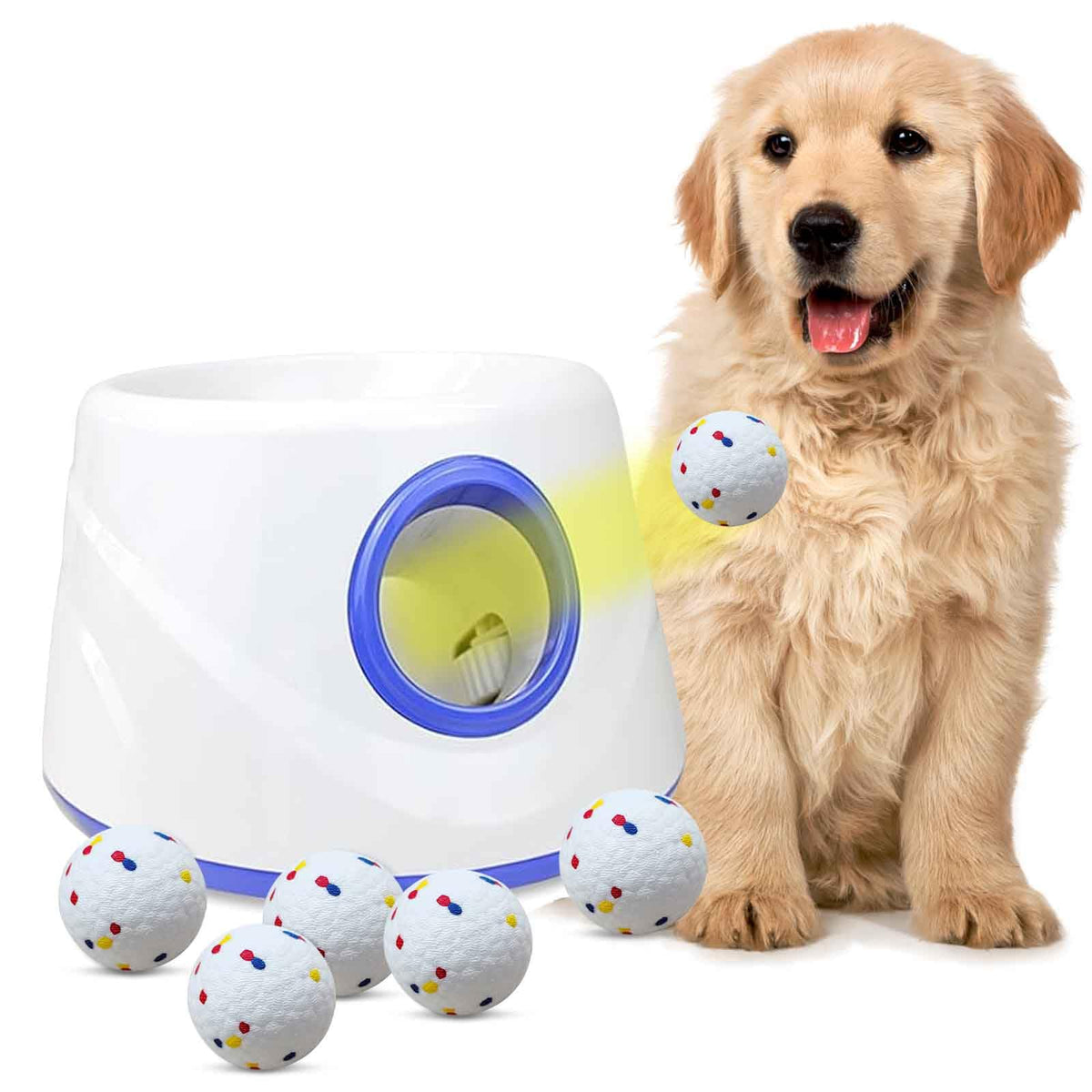 Cuelab dog ball launcher action shot showing active fetch and exercise.