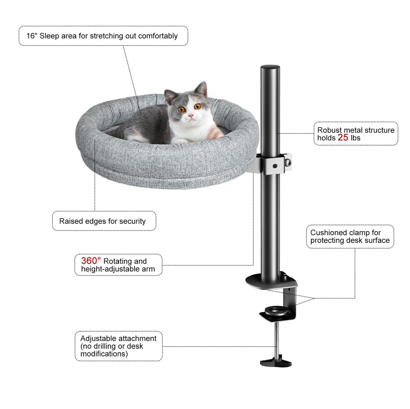 Cuipingoo Cat Desk Bed clamp includes a protective sponge pad for desk safety.