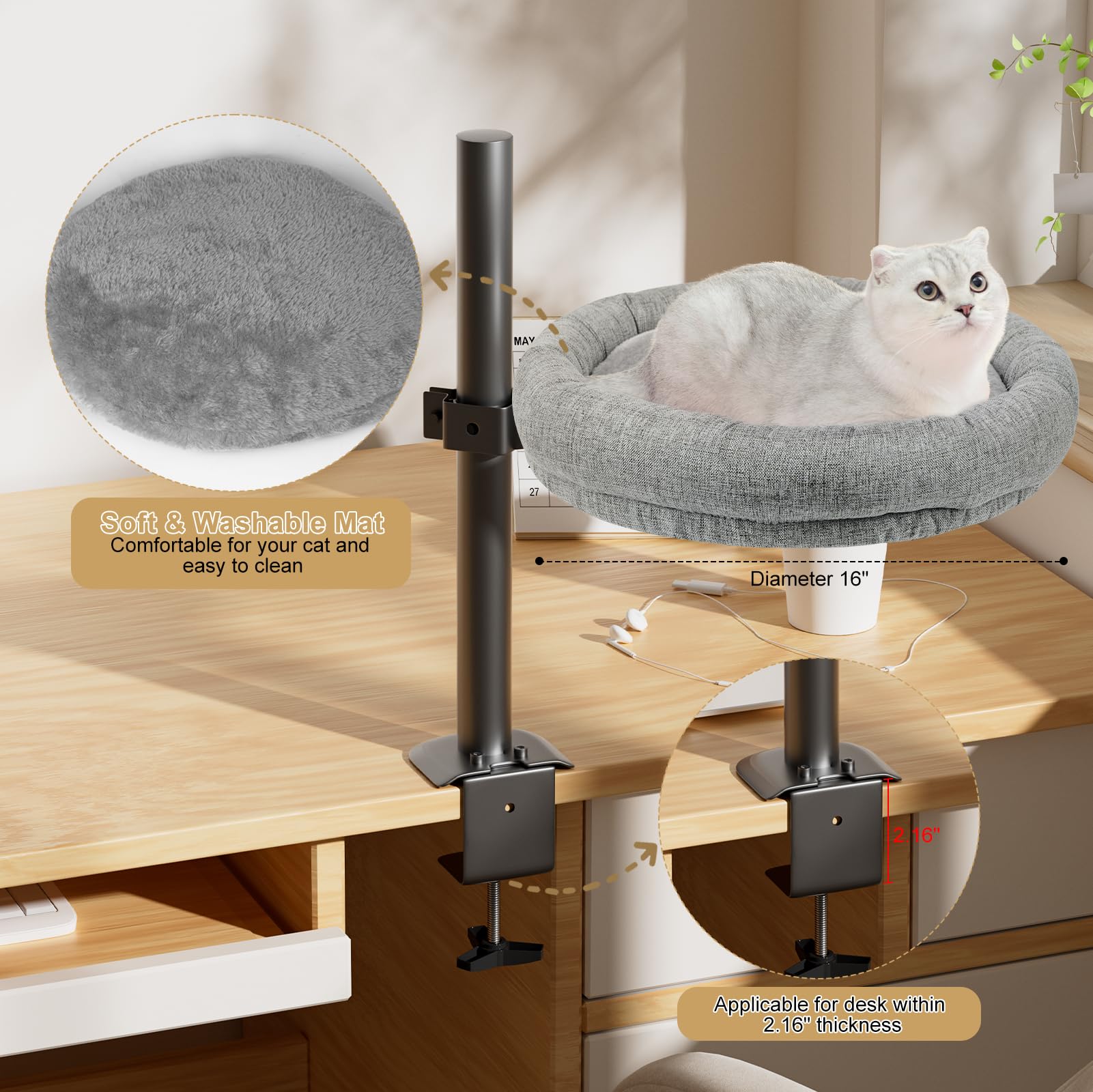 Cuipingoo Cat Desk Bed in soft faux fur for cozy comfort during breaks.