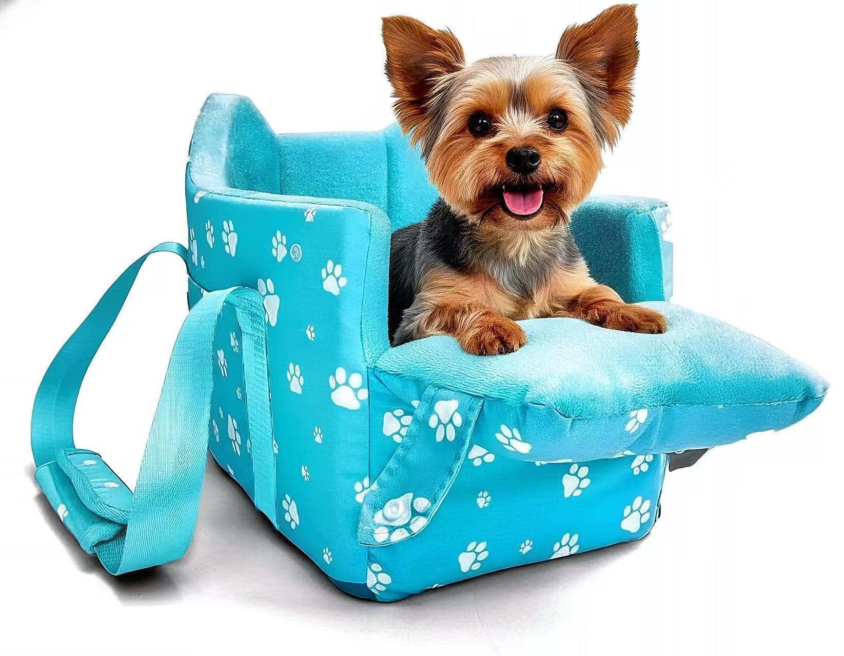 Cullaby center console dog seat blue front view demonstrates secure travel for small dogs.