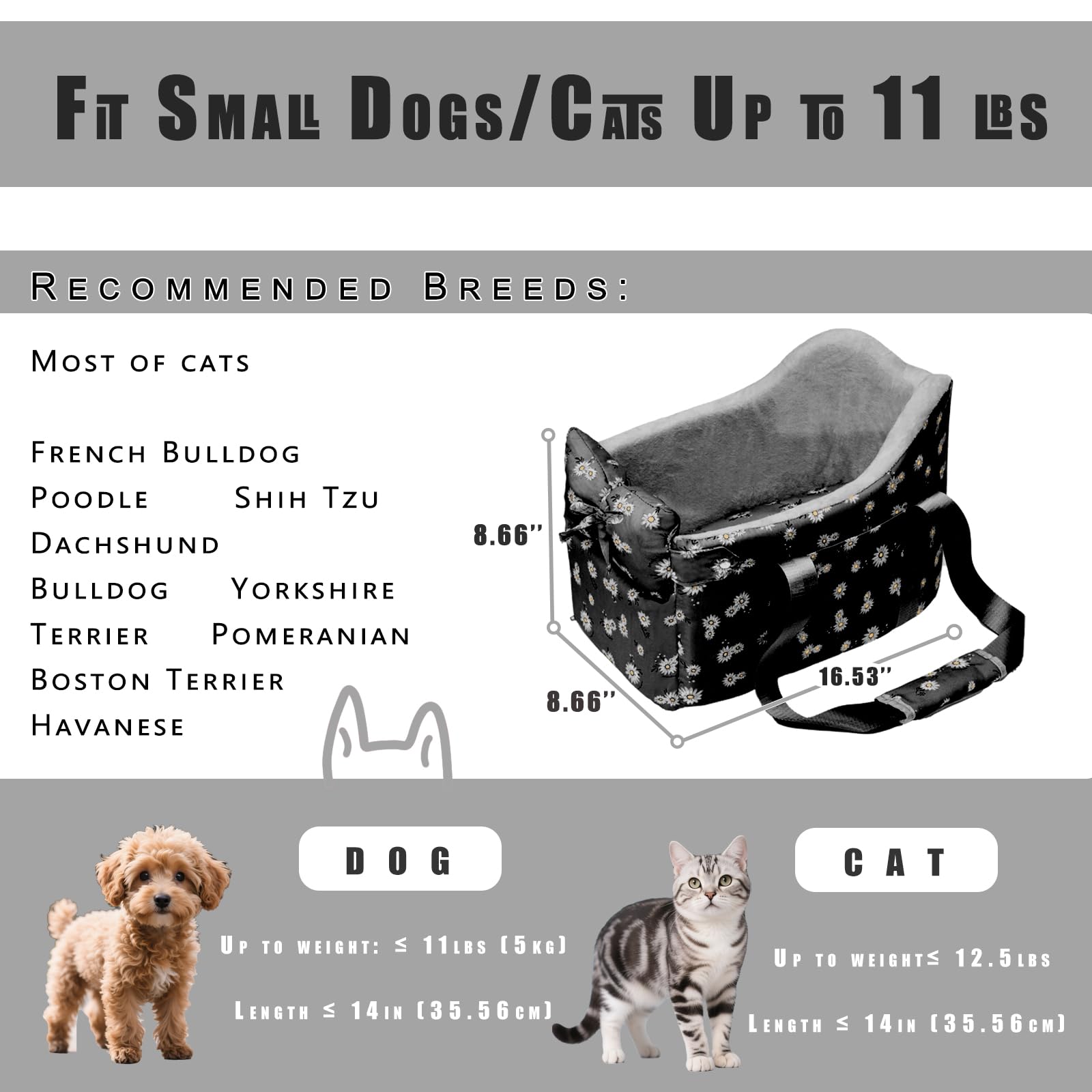 Cullaby seat supports dogs up to 11 lbs with a 14-inch back length.
