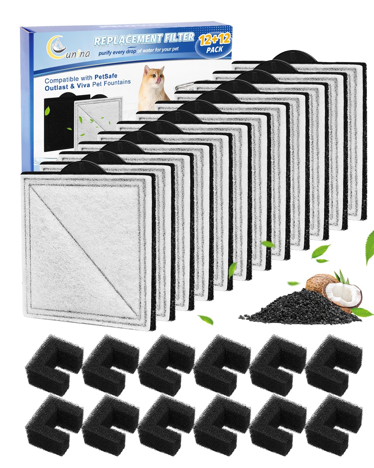 Cunina 12+12 pack cat fountain filters for Viva and Outlast compatible water filtration.