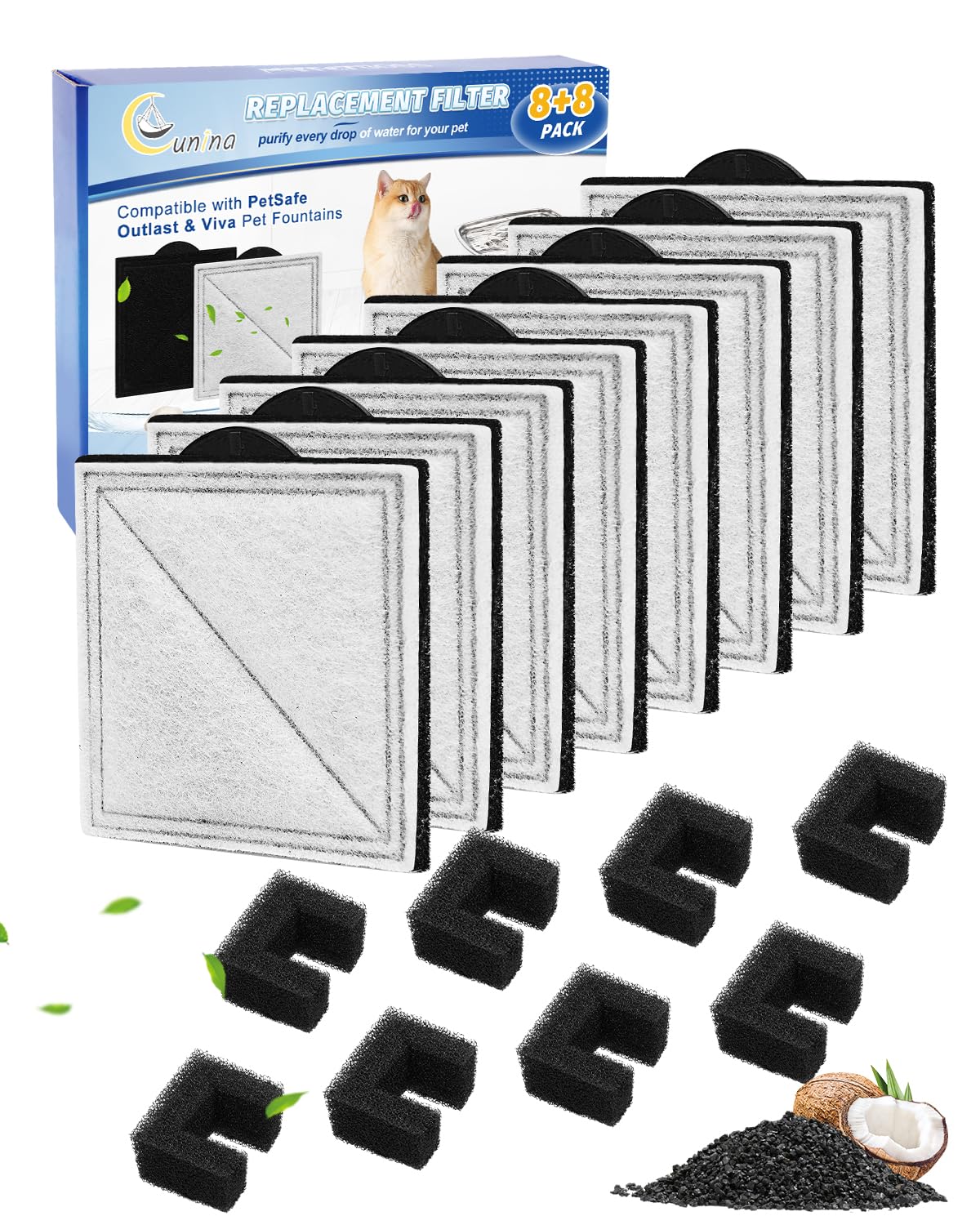 Cunina 8+8 pack cat fountain filter set close-up shows dense cotton layer for hair capture.