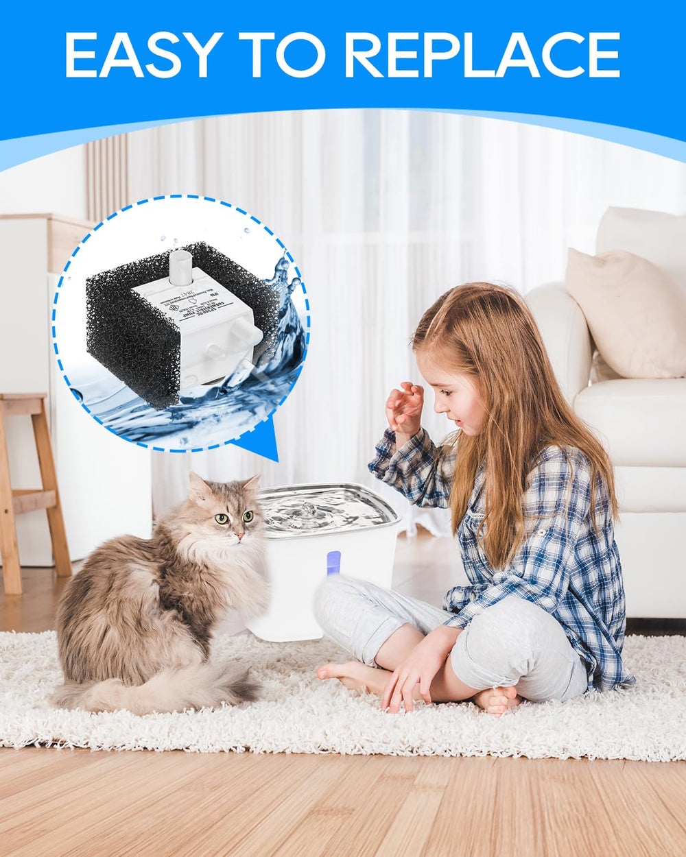 Easily replace cat fountain filters for ongoing fountain maintenance.