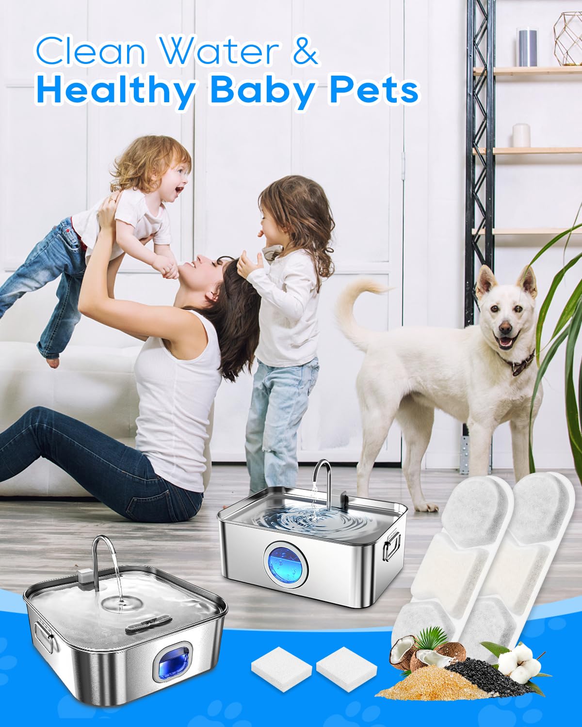 Cunina clean water for pets in automatic fountains enhances daily hydration