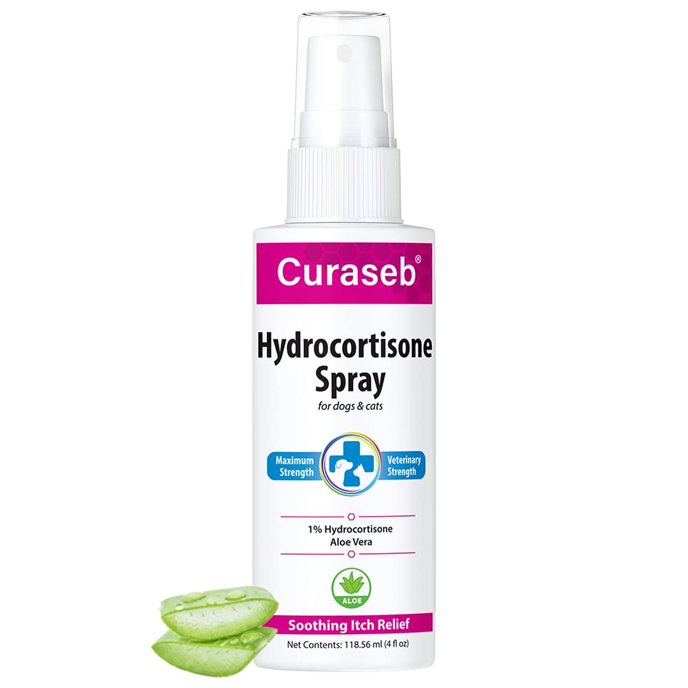 Curaseb hydrocortisone spray bottle close-up indicating quick itch relief potential.