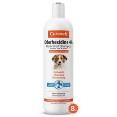 Curaseb Chlorhex 4% Medicated Shampoo bottle pour shows easy dispensing for pets.