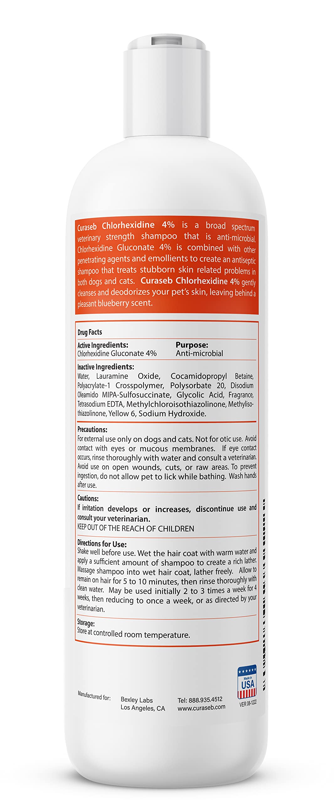 Curaseb shampoo made in USA label underscores quality and safety.