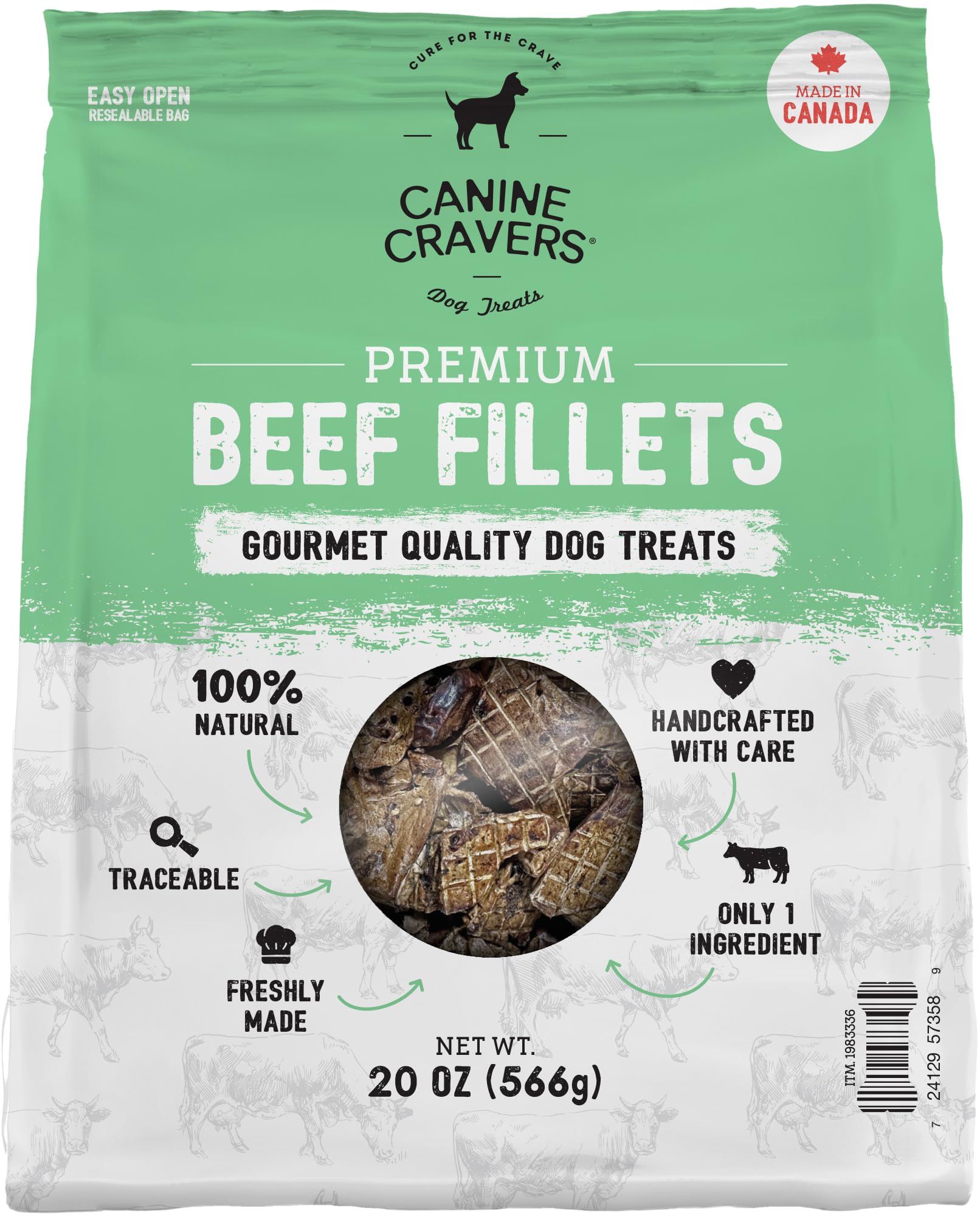 Cure for the Crave Canine Cravers beef fillets 20oz, premium single-ingredient rewards for dogs.