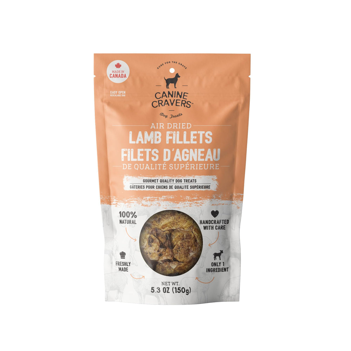 Cure for the Crave Canine Cravers lamb fillets pack—premium single-ingredient treats for training.