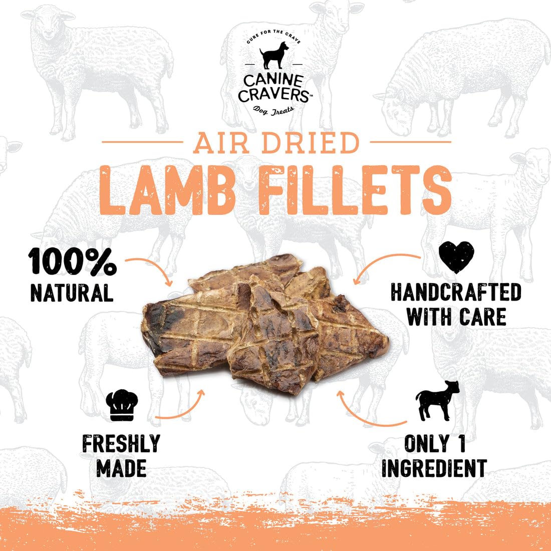 Cure for the Crave Canine Cravers one-ingredient lamb fillets shown clearly for transparent nutrition.
