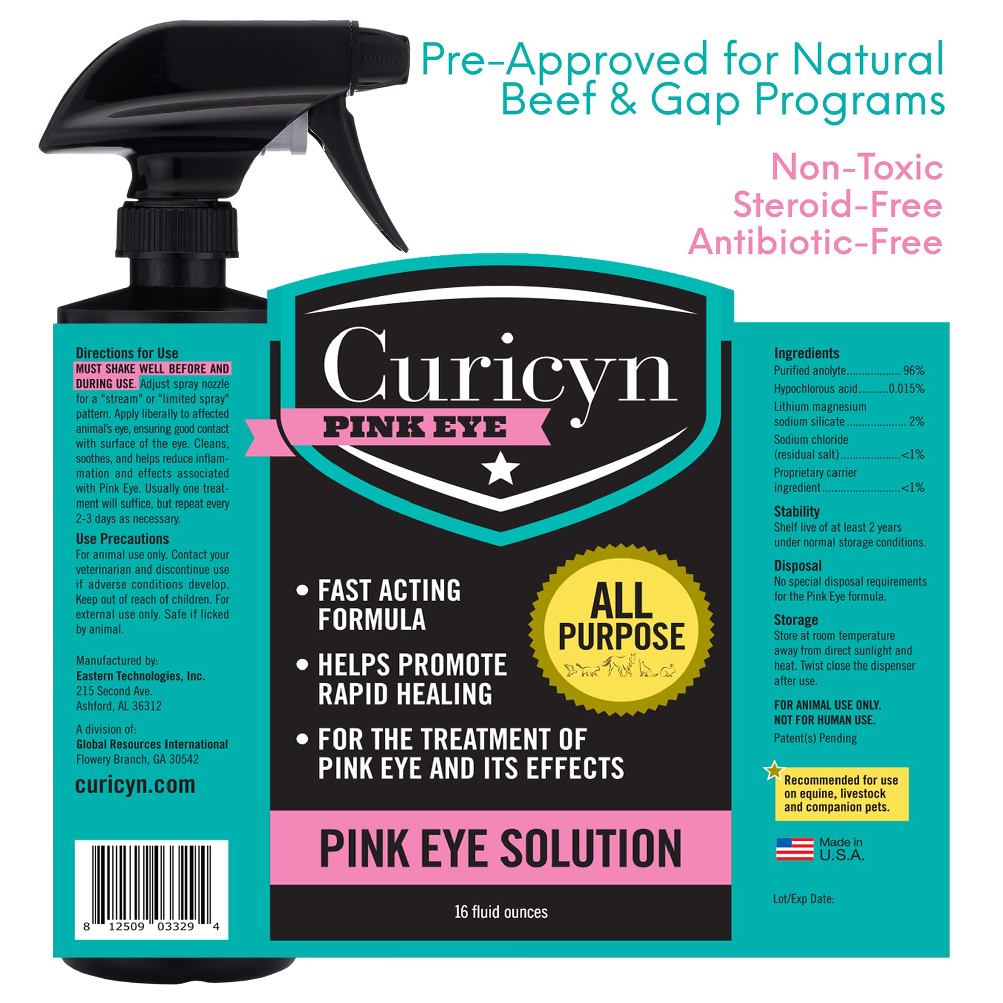 Curicyn Pink Eye Solution close-up label highlights Purified Acolyte content.