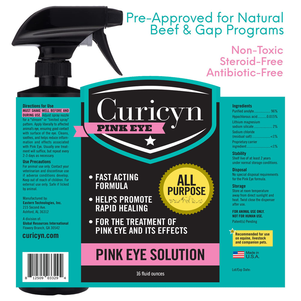 Curicyn Pink Eye Solution close-up label highlights Purified Acolyte content.