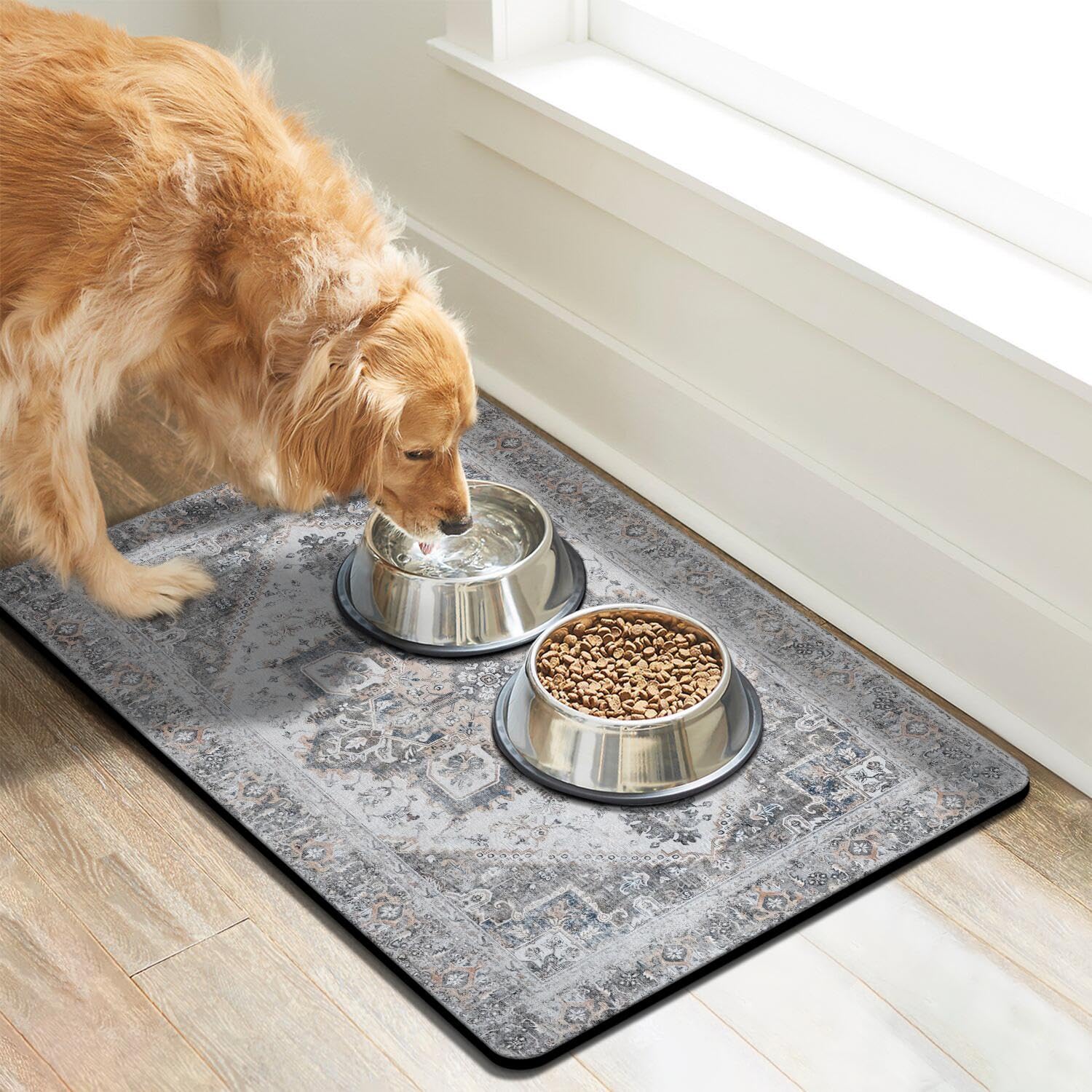 Cuslnox dog food mat with anti-slip back keeps bowls in place.