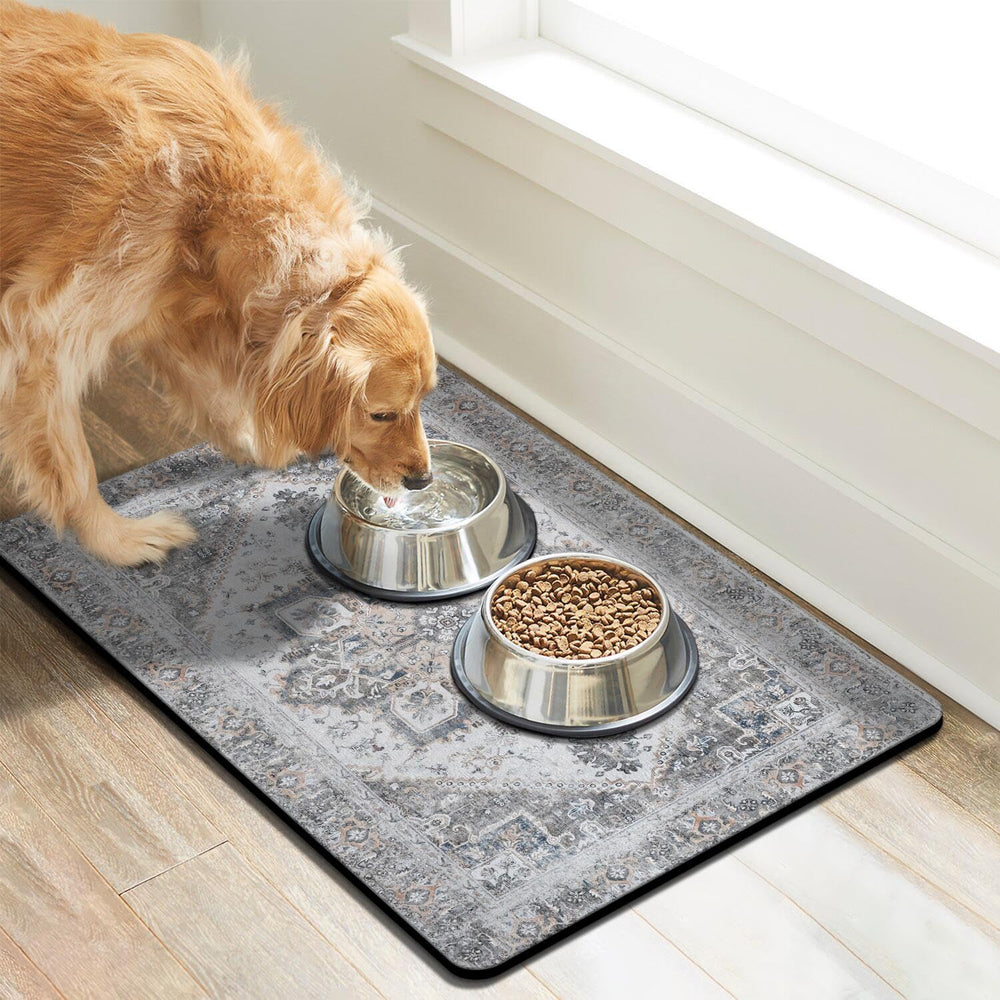 Cuslnox dog food mat with anti-slip back keeps bowls in place.