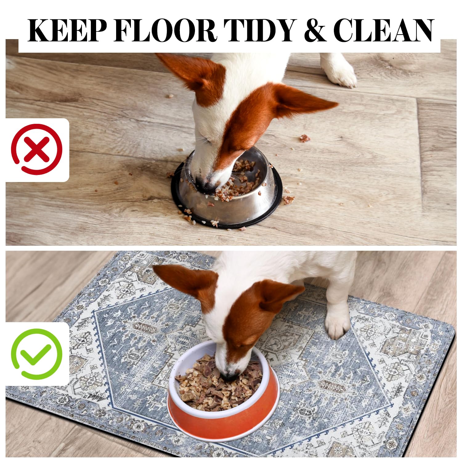 Cuslnox dog food mat floor protector shields floors from spills and stains.