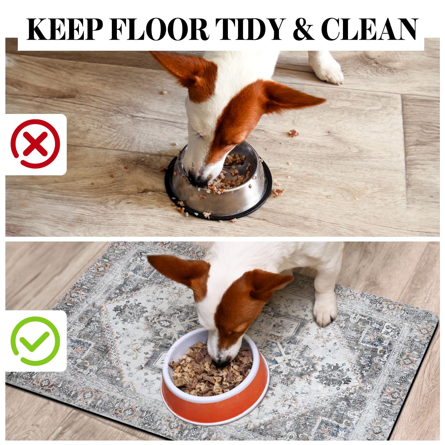 Cuslnox dog food mat protects floors from spills and mess.