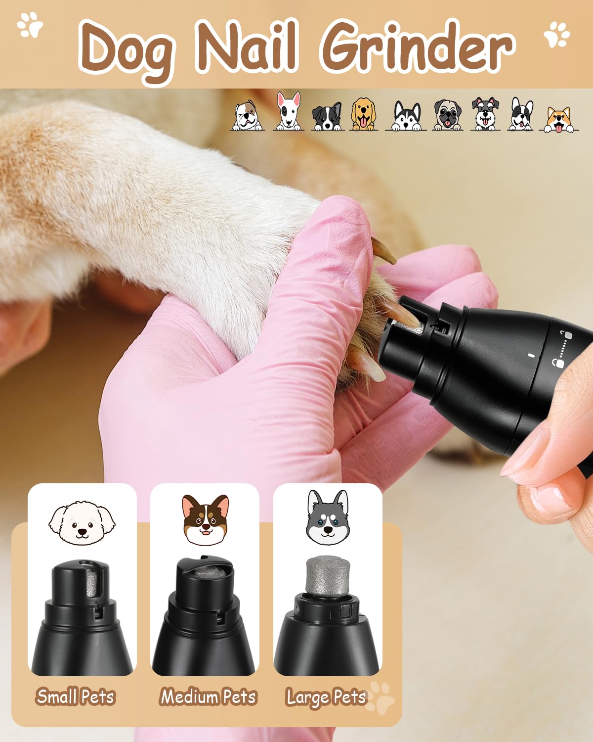 Cussity nail grinder head supports paw care and nails.