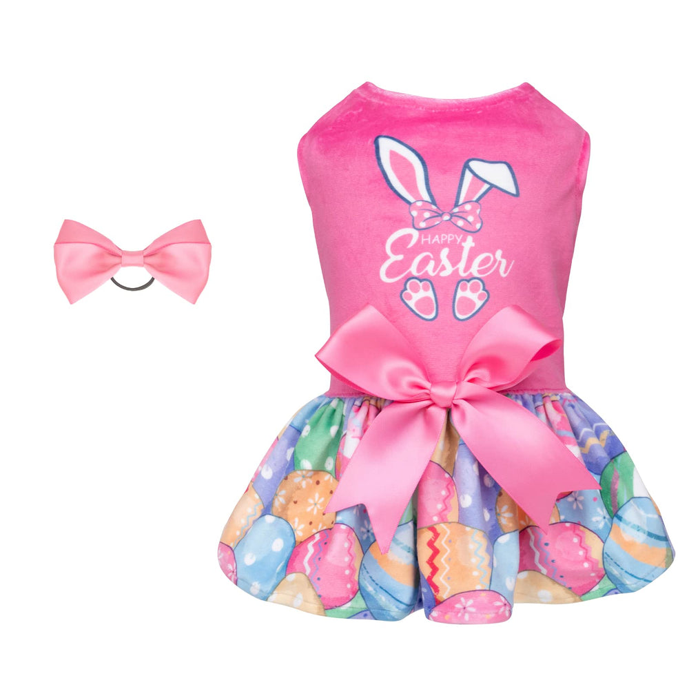 CuteBone Happy Easter Eggs velvet dog dress for small dogs in pink, easy pullover fit.
