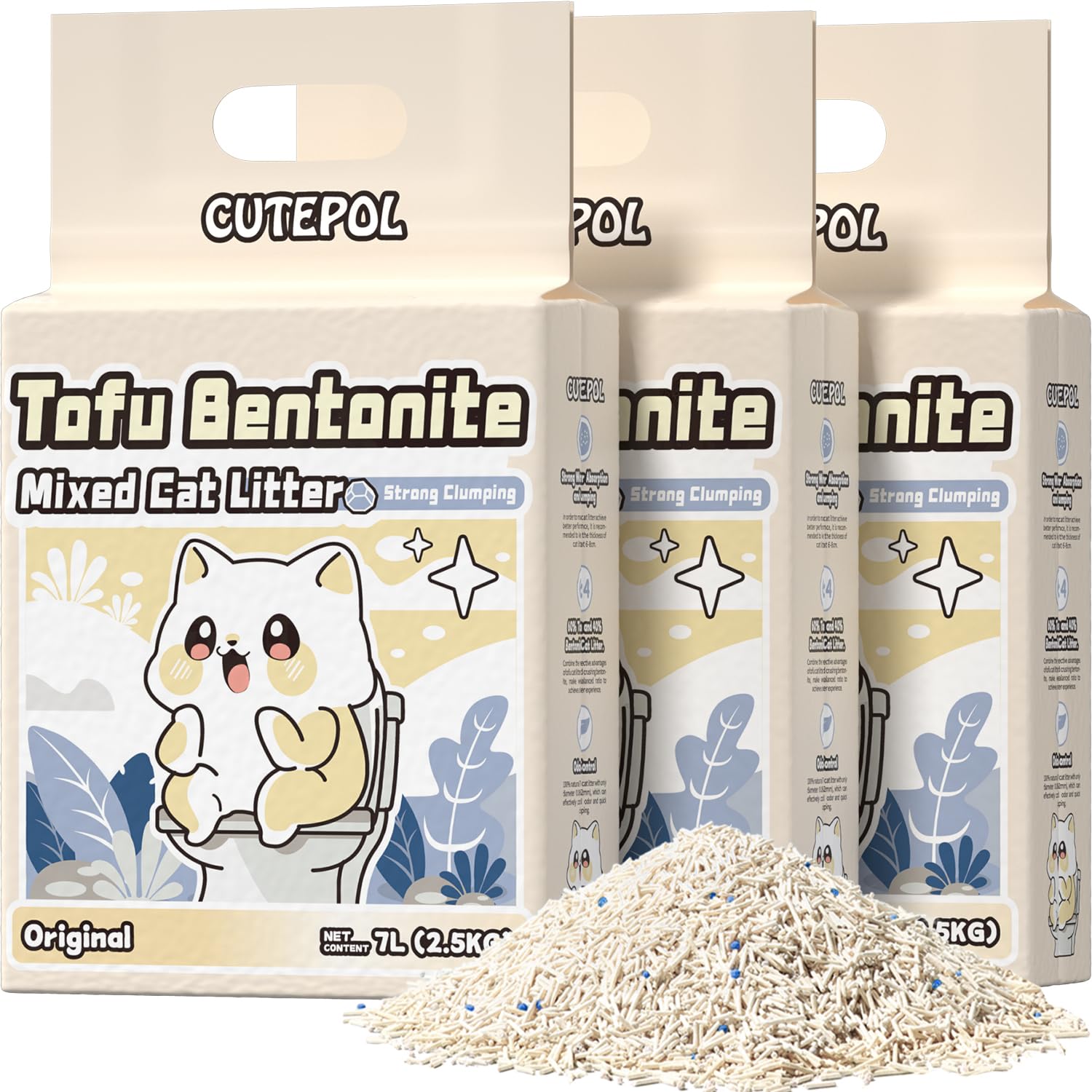 Cutepol mixed 4-in-1 clumping litter with 16.5 lb bag for fast odor control.
