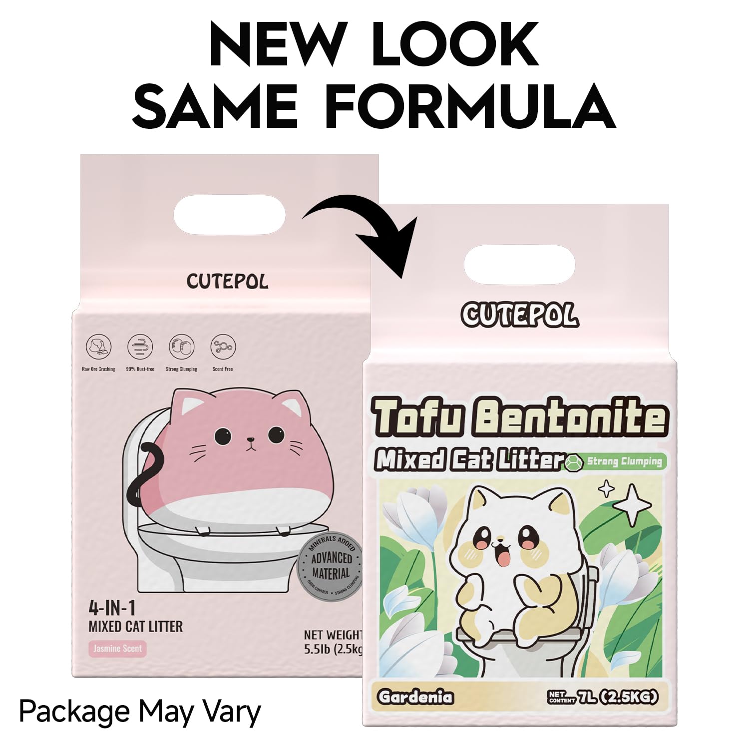 Cutepol tofu-bentonite litter provides strong clumping and high water absorption.