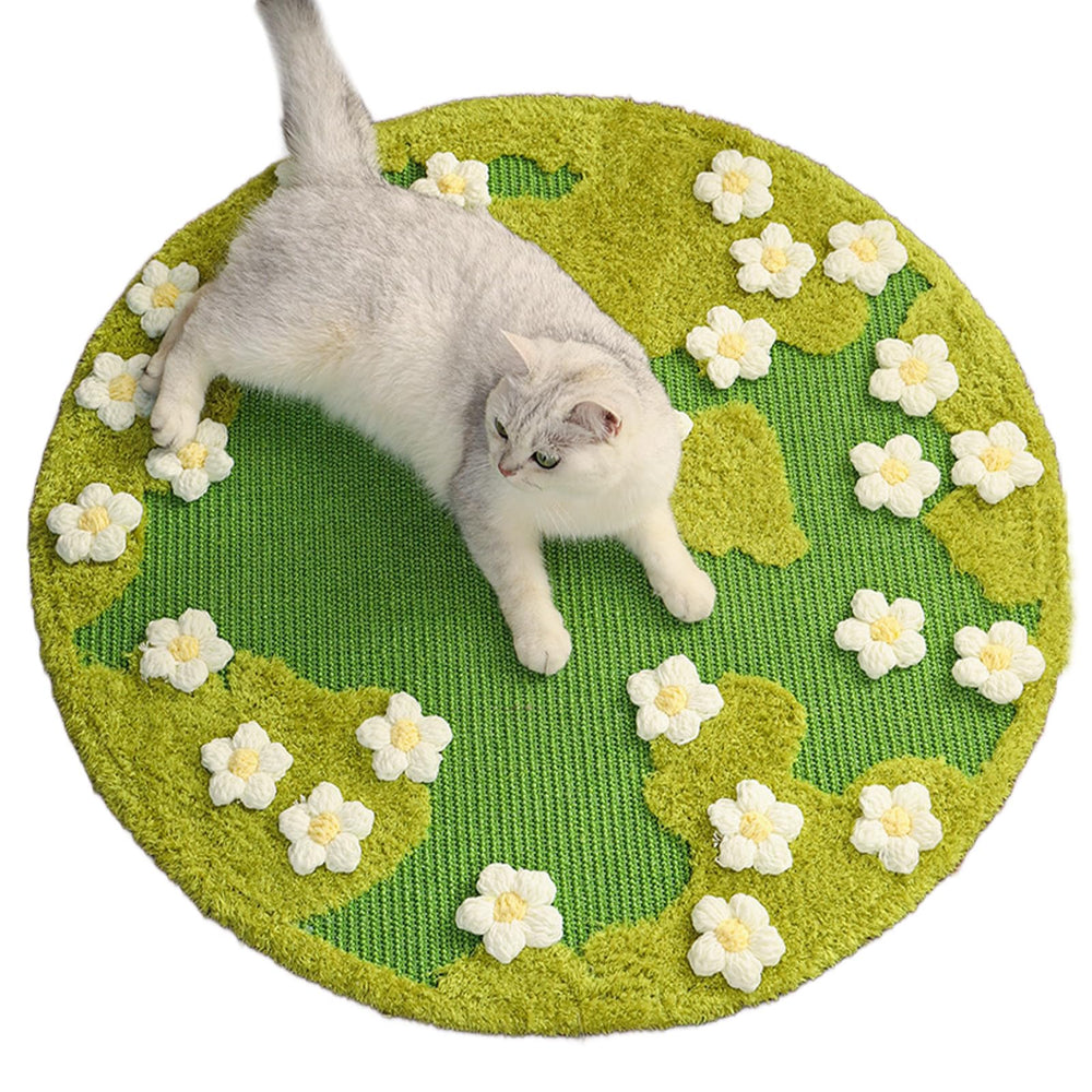 Cuvjinv 31x31-inch 3D garden cat scratcher mat in green moss protects furniture from scratches.