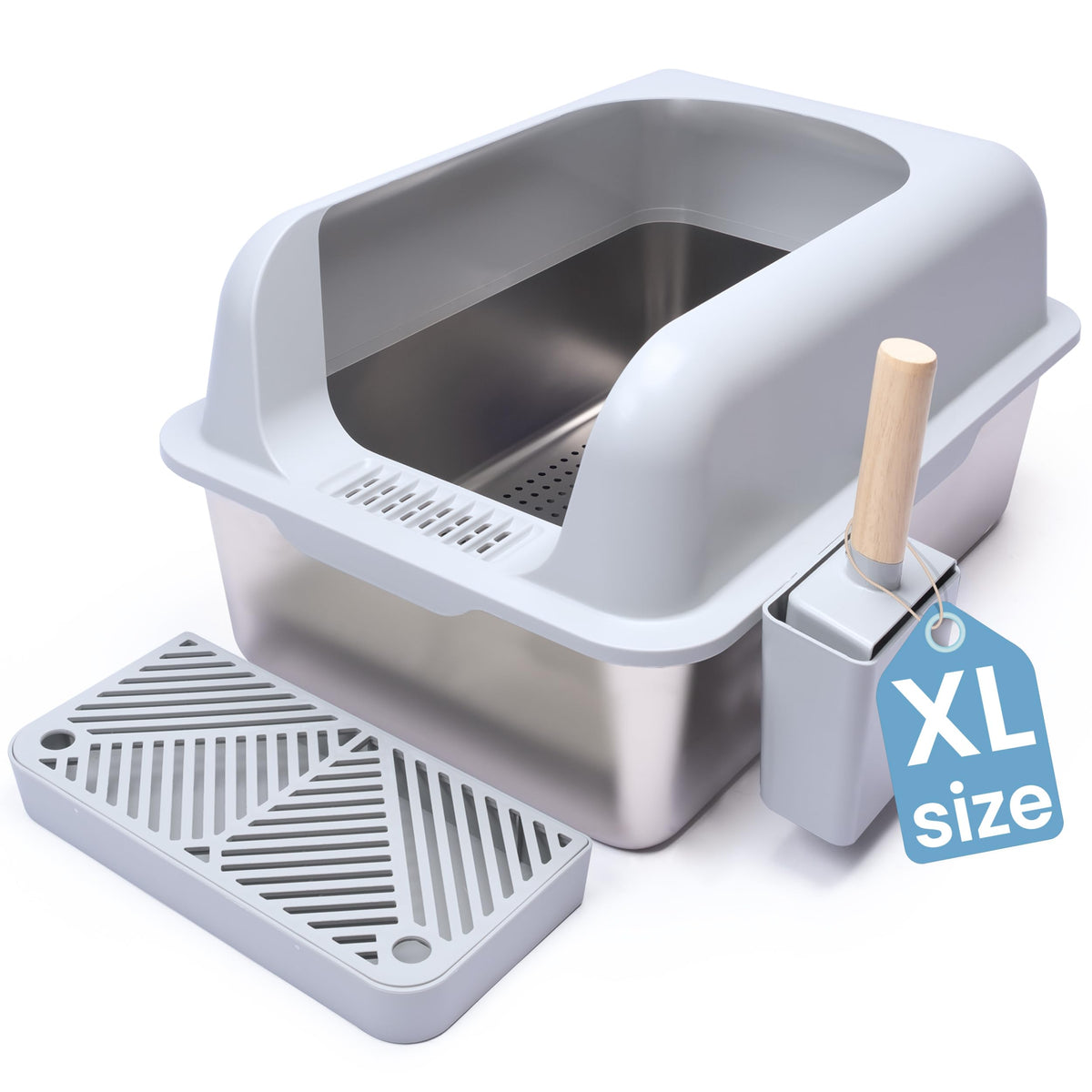 CVG GOODS XL stainless steel litter box front view shows spacious layout for large cats.