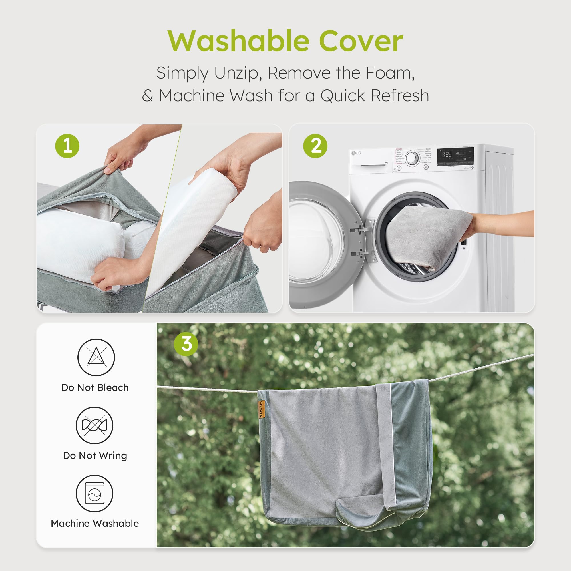CWAWZ washable cover close-up shows machine-washable convenience.