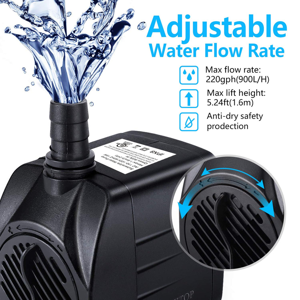 CWKJ 220GPH flow with visible stream for lively pond circulation.