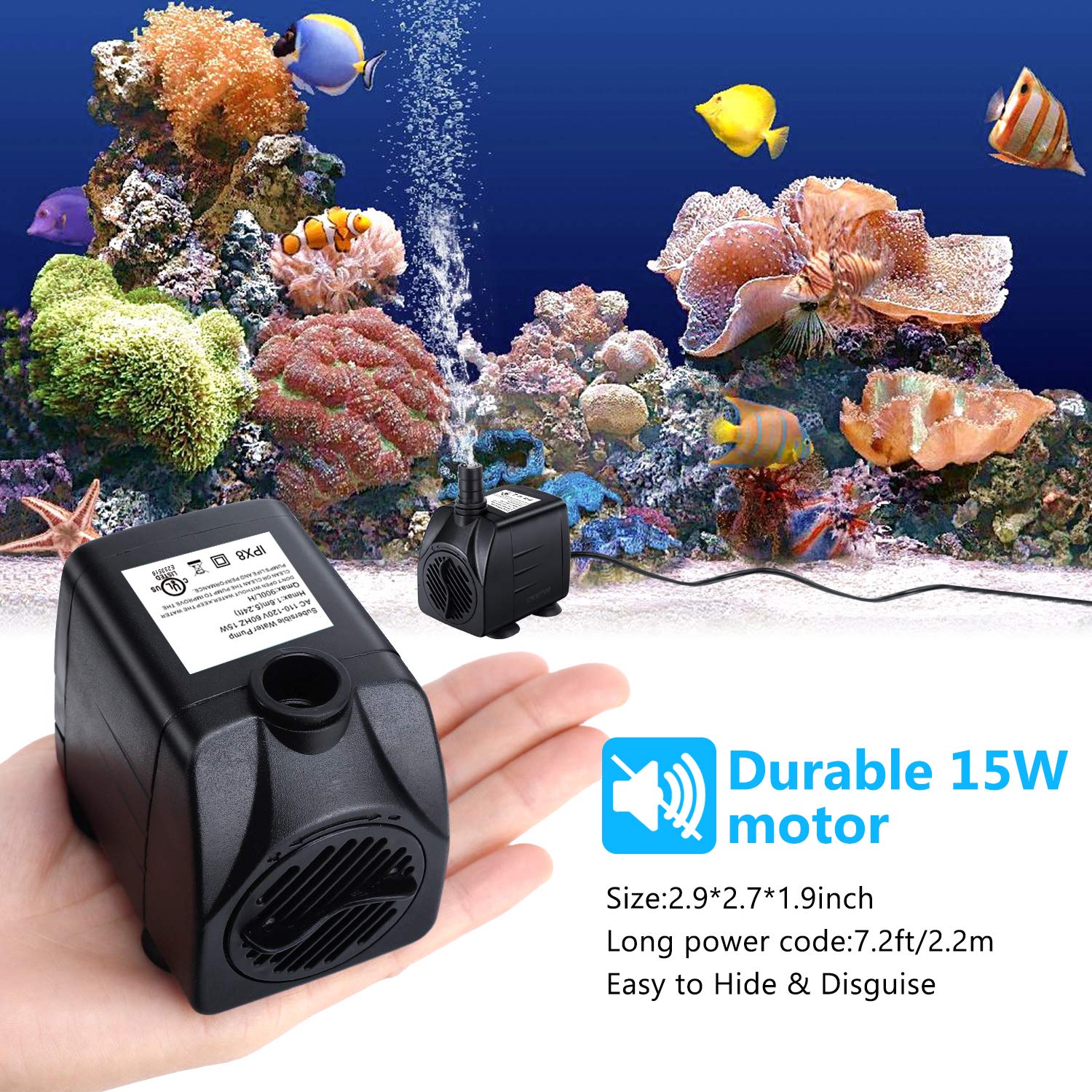 CWKJ fountain pump's quiet motor delivers near-silent operation.