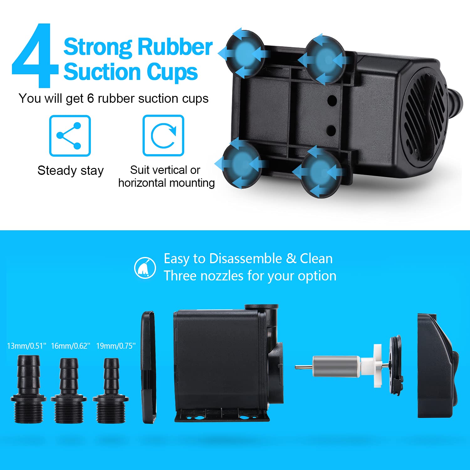 CWKJ fountain pump with three nozzles creating varied water patterns.