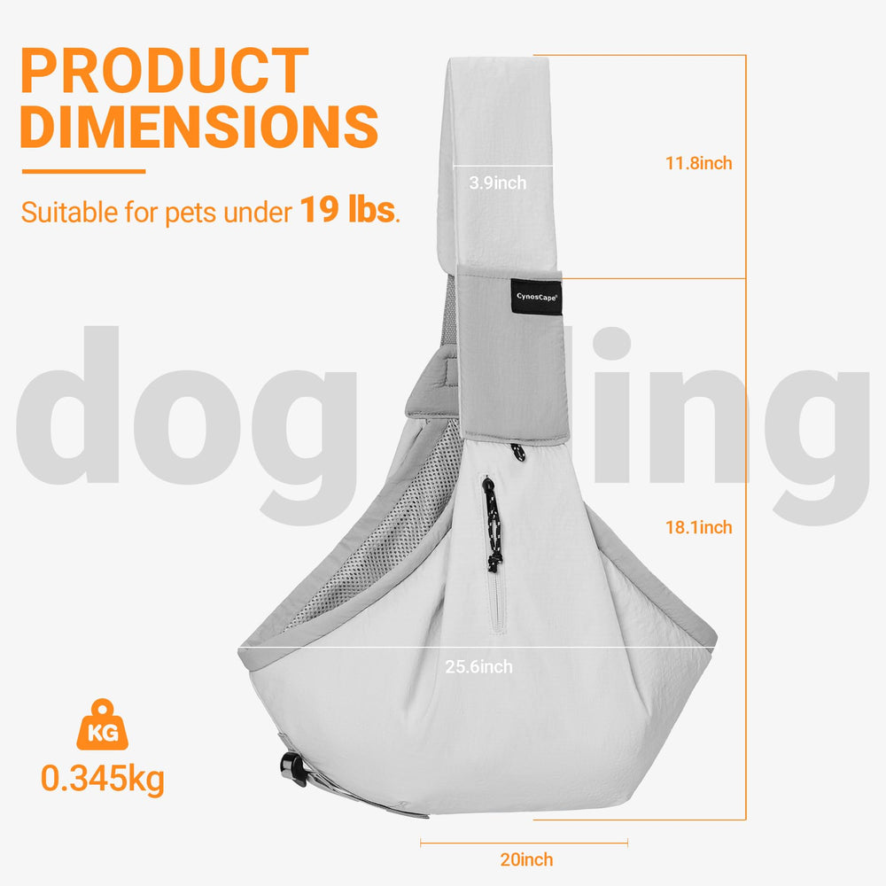 CynosCape small-dog sling carrier side view showing ergonomic carry.