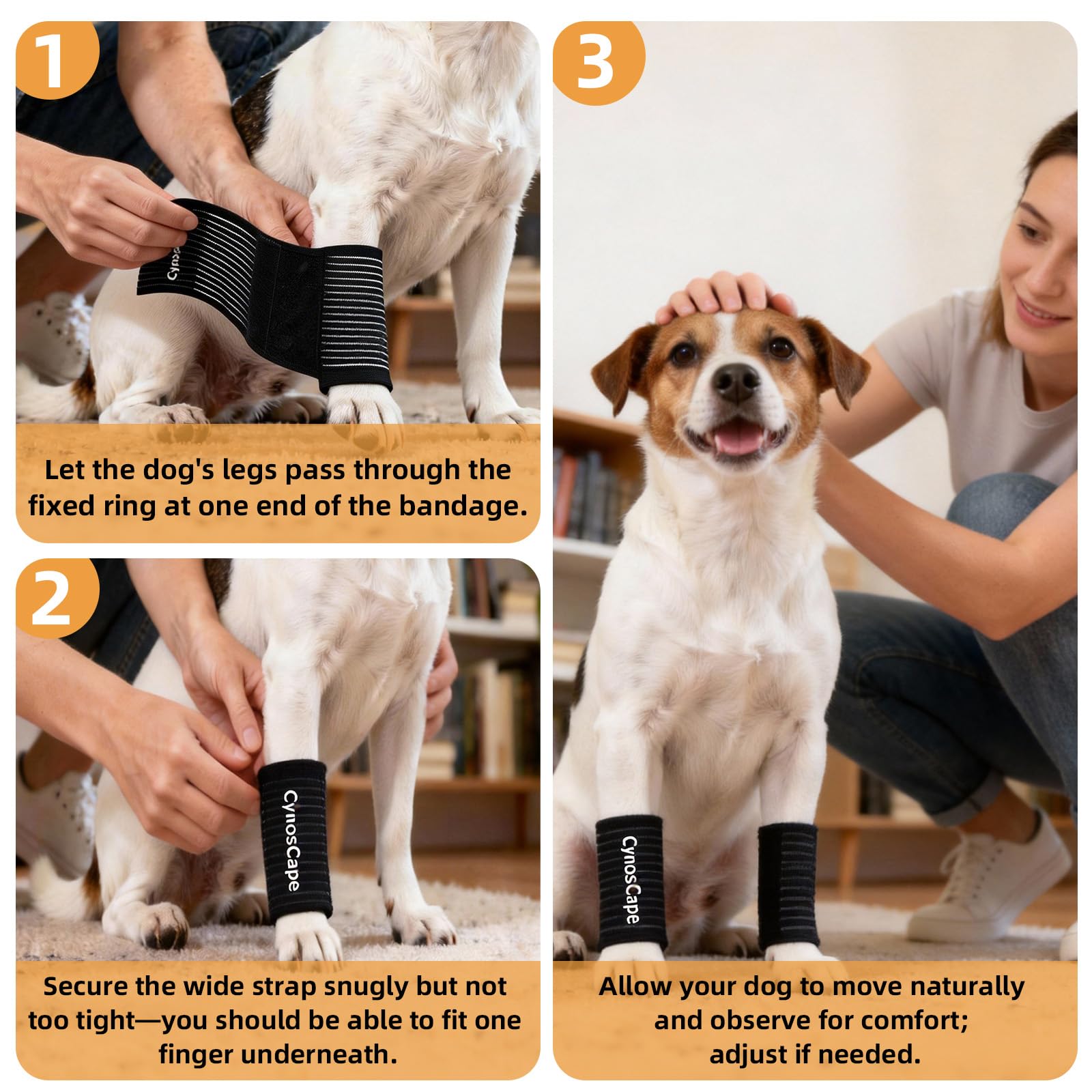 CynosCape dog leg brace size chart and measurement guide.