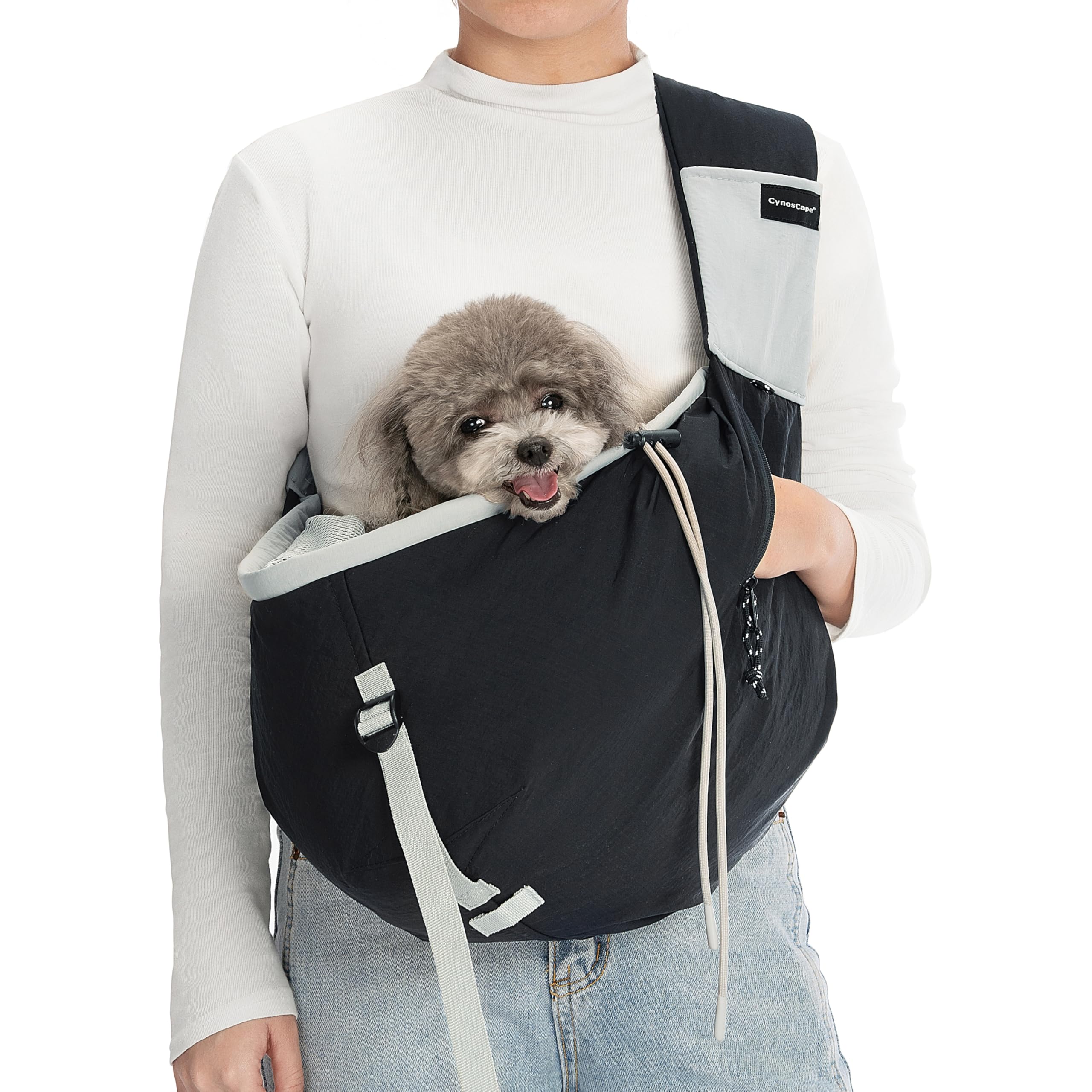 CynosCape small dog sling carrier worn, exterior view for hands-free outings.
